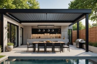 pergola bioclimatique moderne dans un jardin élégant et apaisant