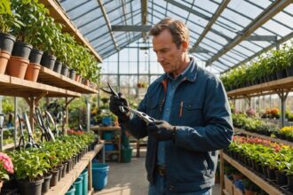 Sécateur posé sur une table avec des outils de jardinage environnants
