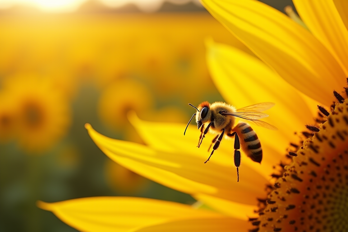 Abeille se posant sur un tournesol en plein soleil