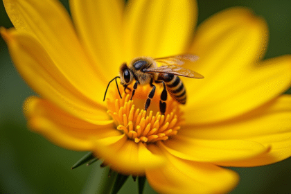 Abeille pollinisant une fleur de courgette en macro