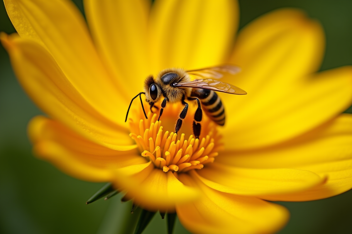 Abeille pollinisant une fleur de courgette en macro