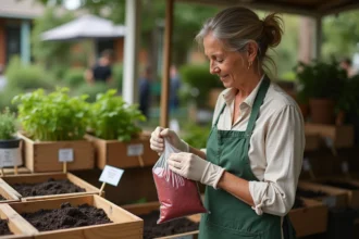 Femme examinant un sachet de vers de compost rouge au marché de jardinage pour lombricomposteur