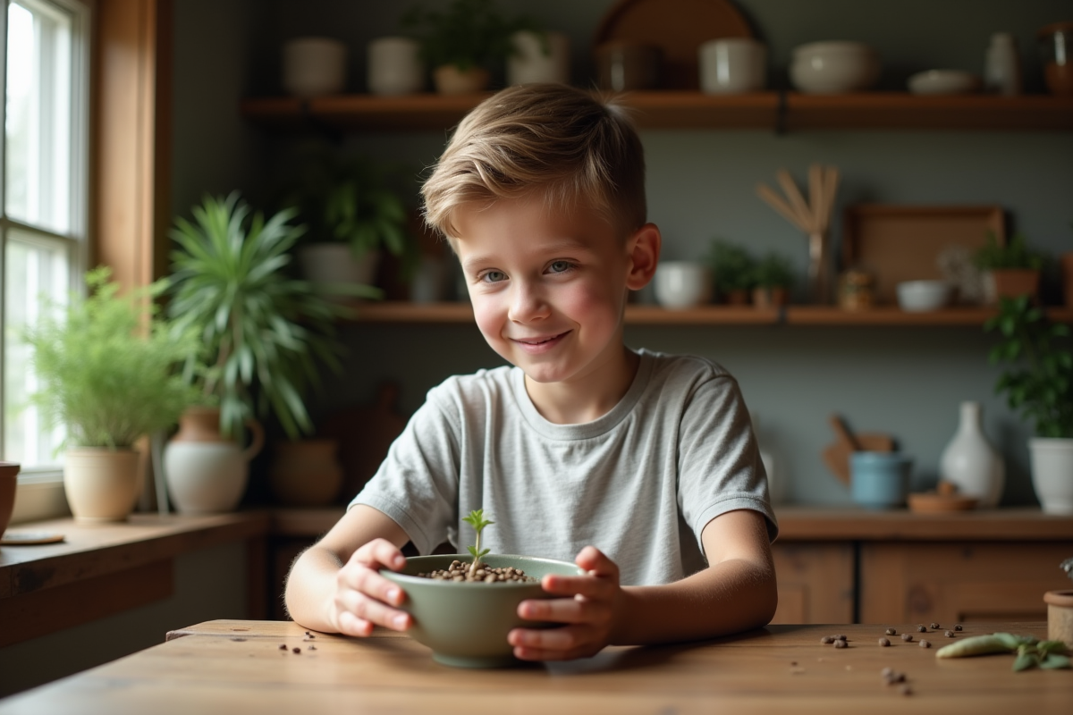 Adolescent examine un bol de graines dans une cuisine rustique