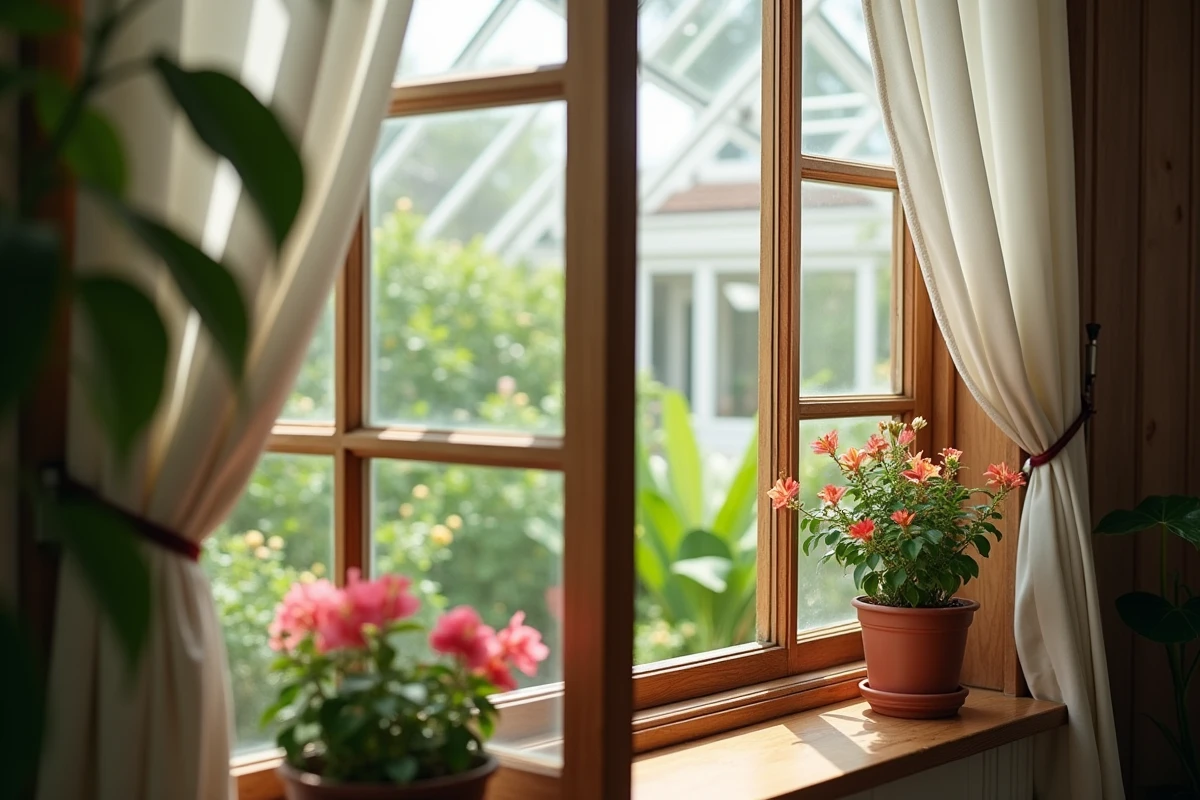 Fenêtre entrouverte dans une serre permettant une aération douce du bougainvillier sans courant d'air froid
