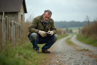 Agriculteur français examinant des mauvaises herbes sur un chemin de gravier en milieu rural, carnet à la main, illustrant la problématique du désherbage légal en France