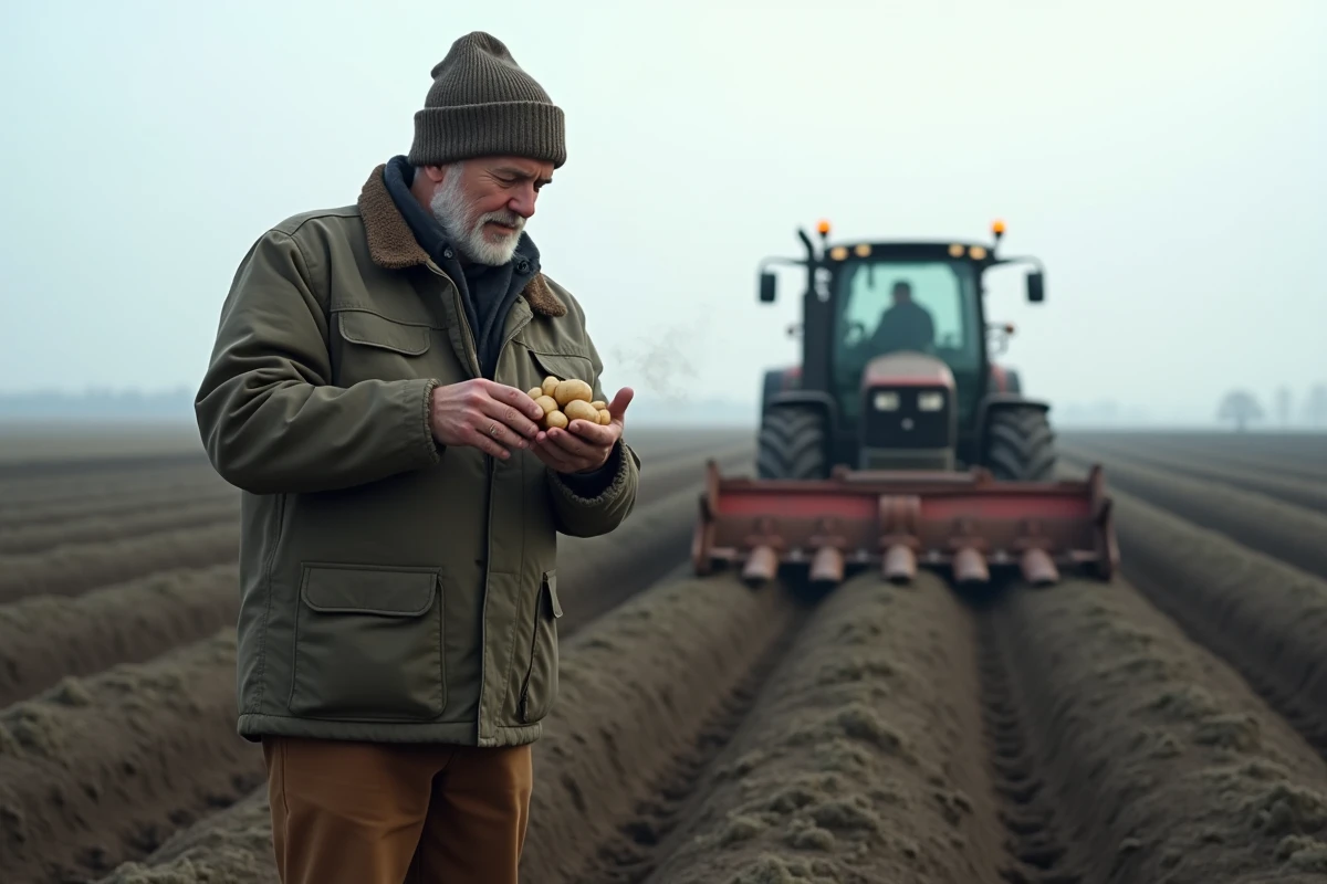 Agriculteur âgé inspectant sa récolte de pommes de terre avec une machine dans un champ froid