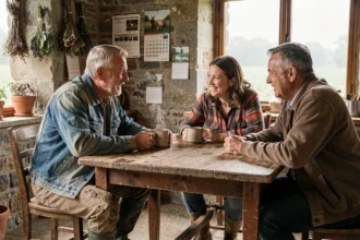 Trois agriculteurs réunis autour d'une table en bois dans une ferme, partageant un moment de convivialité et rompant l'isolement rural grâce au réseau Agriconvivial