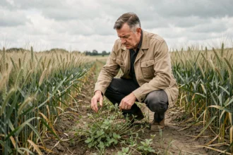Agronome analysant des adventices résistantes au glyphosate dans un champ de blé en France