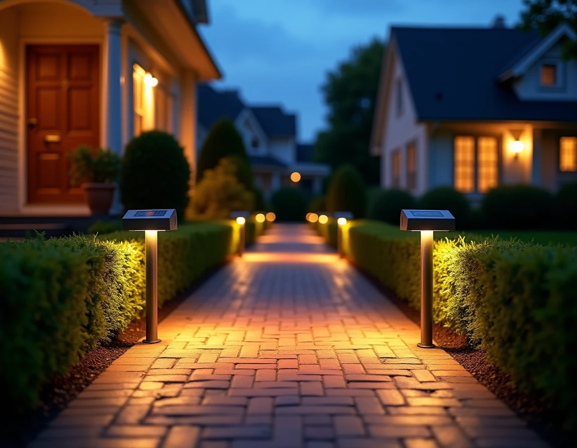 Allée d'entrée de maison éclairée par une rangée de spots solaires LED sans câbles ni travaux