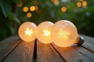 Trois ampoules LED sphériques en verre dépoli posées sur une table de jardin en bois, mettant en valeur les filaments LED et la durée de vie des ampoules extérieures