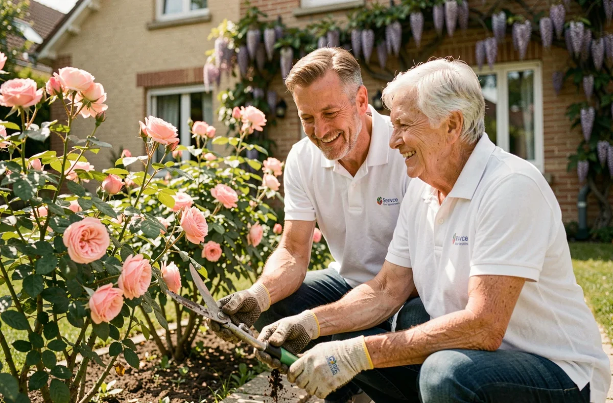 Assistant jardinier APEF Toulouse Centre Nord aidant un particulier à entretenir ses rosiers dans son jardin