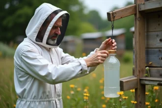 Apiculteur inspectant un piège à frelon écologique en bouteille recyclée dans un rucher fleuri