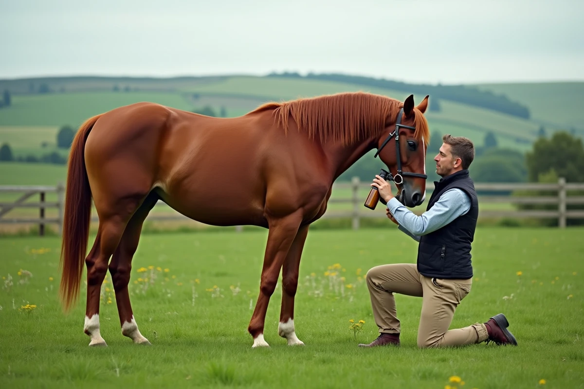 Cavalier appliquant un répulsif anti-taons naturel sur son cheval en pré lors d'une balade