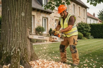 Arboriste professionnel en tenue de sécurité abattant un grand chêne dans un jardin résidentiel à Metz