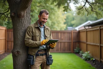 Arboriste homme en extérieur avec tablette près d'un chêne mature