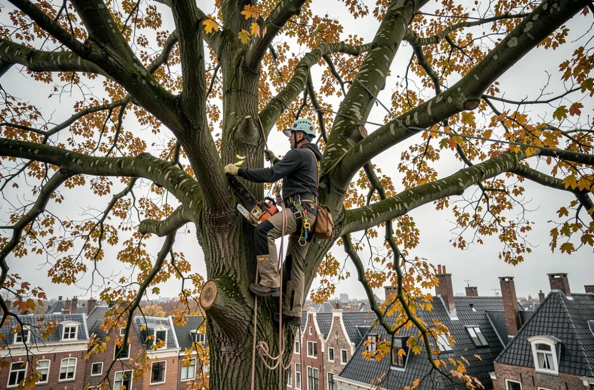 Arboriste grimpeur en hauteur dans la canopée d'un platane avec les toits de Lille en arrière-plan