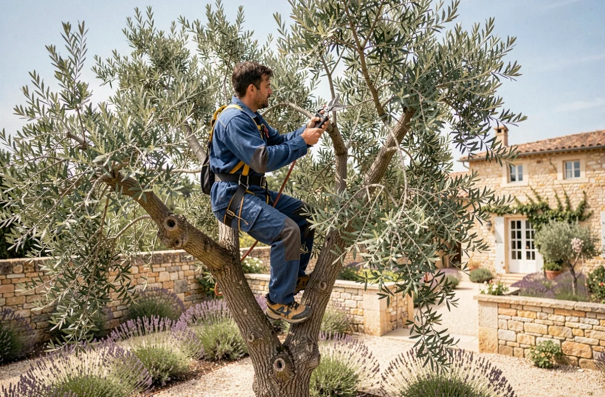 Arboriste grimpeur en train d'élaguer un olivier dans un jardin provençal avec une maison en pierre en arrière-plan