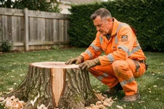 Arboriste professionnel examinant une souche d'arbre fraîchement coupée dans un jardin résidentiel