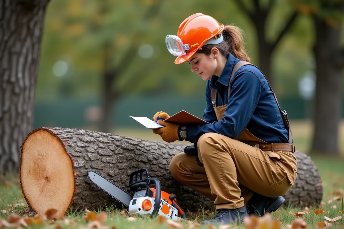 Arboriste femme consultant ses notes techniques sur le STIHL MS 211 dans un verger après abattage