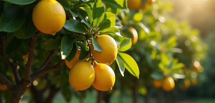 Arbre citronnier mature en jardin avec citrons jaunes