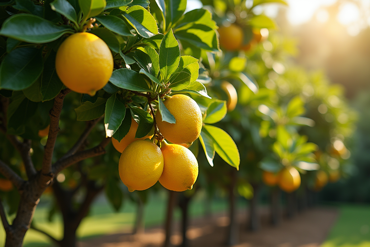 Arbre citronnier mature en jardin avec citrons jaunes