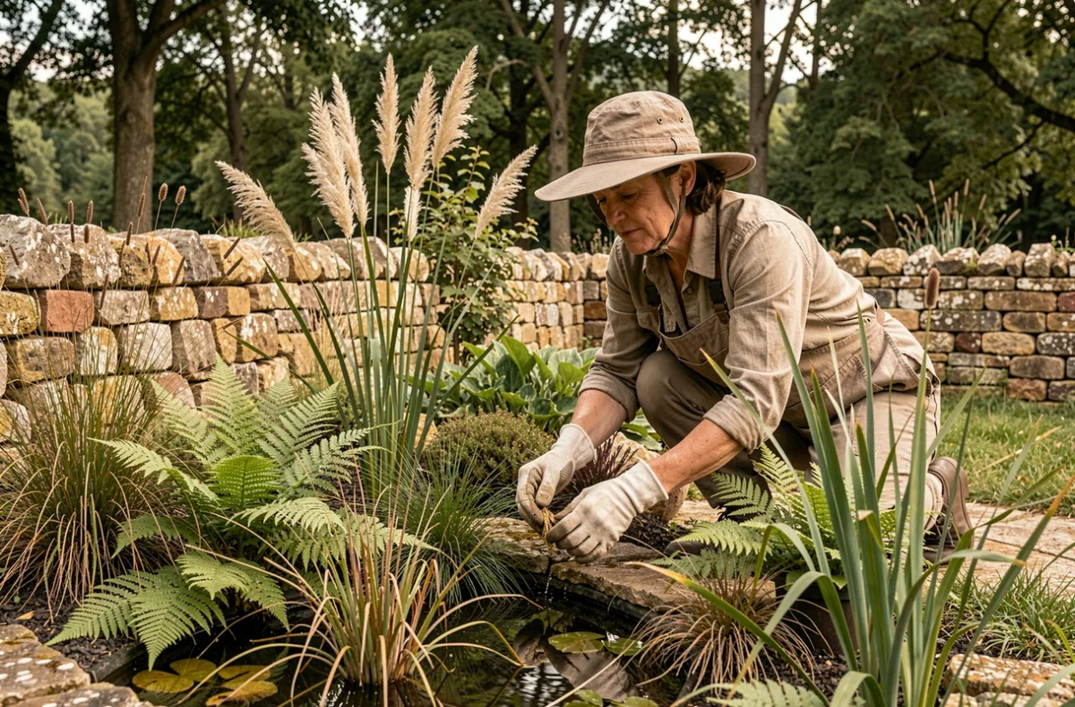 Jardinière de l'Atelier Papyrus aménageant une bordure aquatique avec des papyrus et fougères dans un jardin rural du Rhône