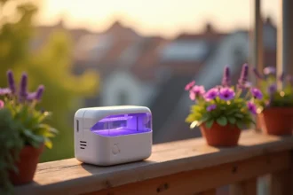 Attrape moucherons électrique posé sur une rambarde de balcon en bois entourée de plantes aromatiques en été