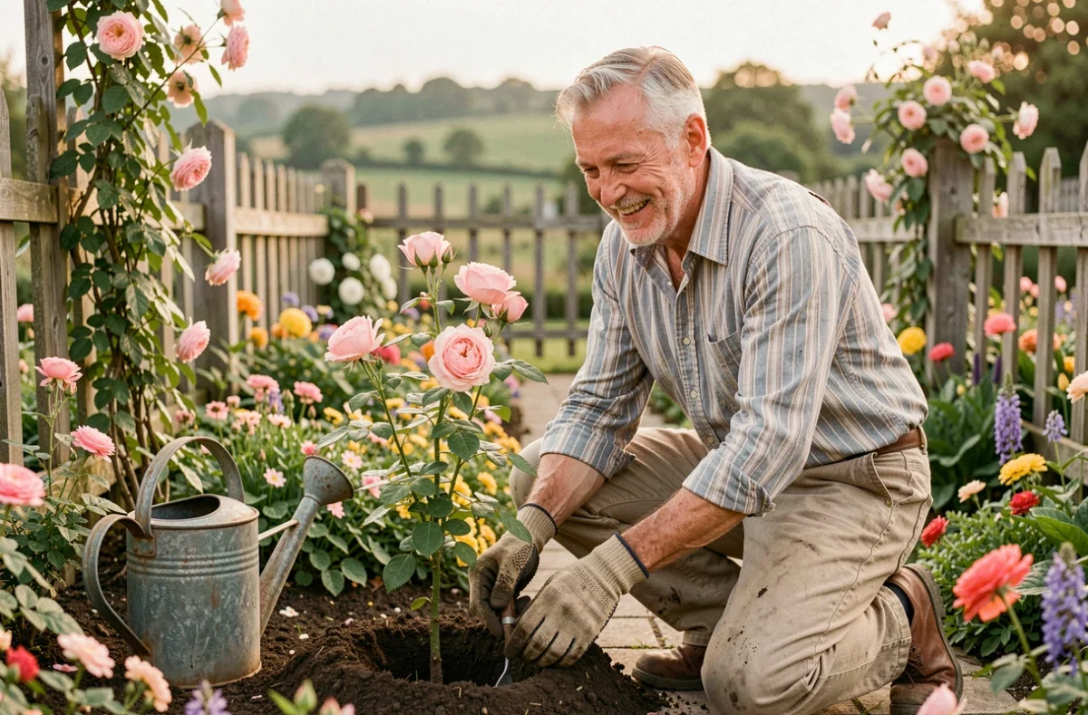 Jardinier expérimenté d'Au Bonheur des Jardins plantant un rosier dans un jardin de campagne fleuri du Rhône