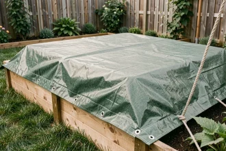 Bâche de jardin renforcée verte couvrant un potager surélevé avec œillets métalliques et sangles tendues