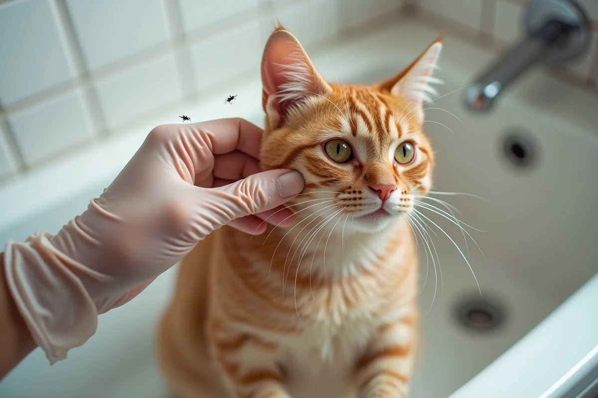 Main écartant la fourrure d'un chat pour révéler de petites bêtes noires sauteuses, signe d'infestation de puces