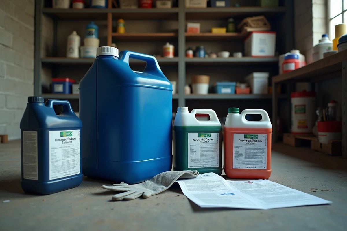 Bidon d'AdBlue posé à côté de produits herbicides homologués et d'un document réglementaire français dans un hangar agricole, illustrant la question de l'usage légal de l'AdBlue comme désherbant