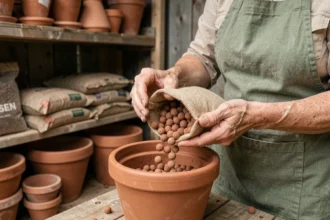 Mains versant des billes d'argile dans un pot en terre cuite sur un établi de jardinage en bois