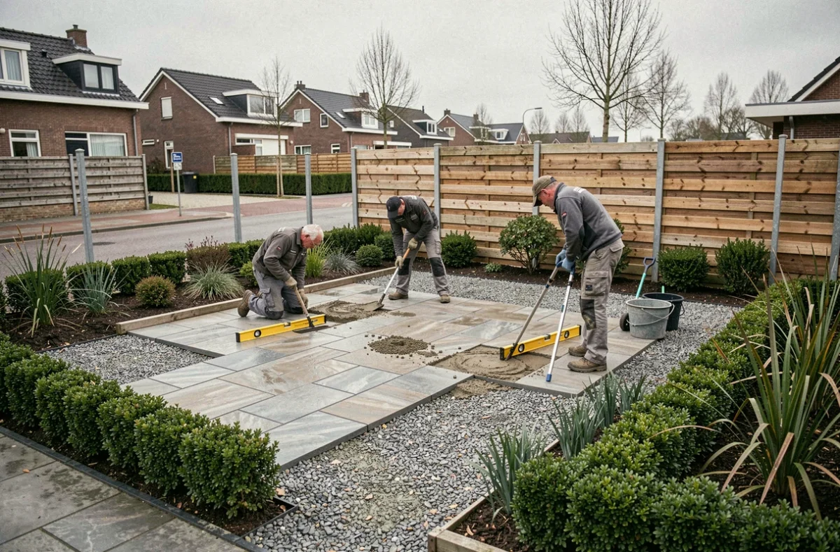 Équipe de BLP95 posant des pavés décoratifs et des haies ornementales dans un jardin contemporain de banlieue proche de Lille.