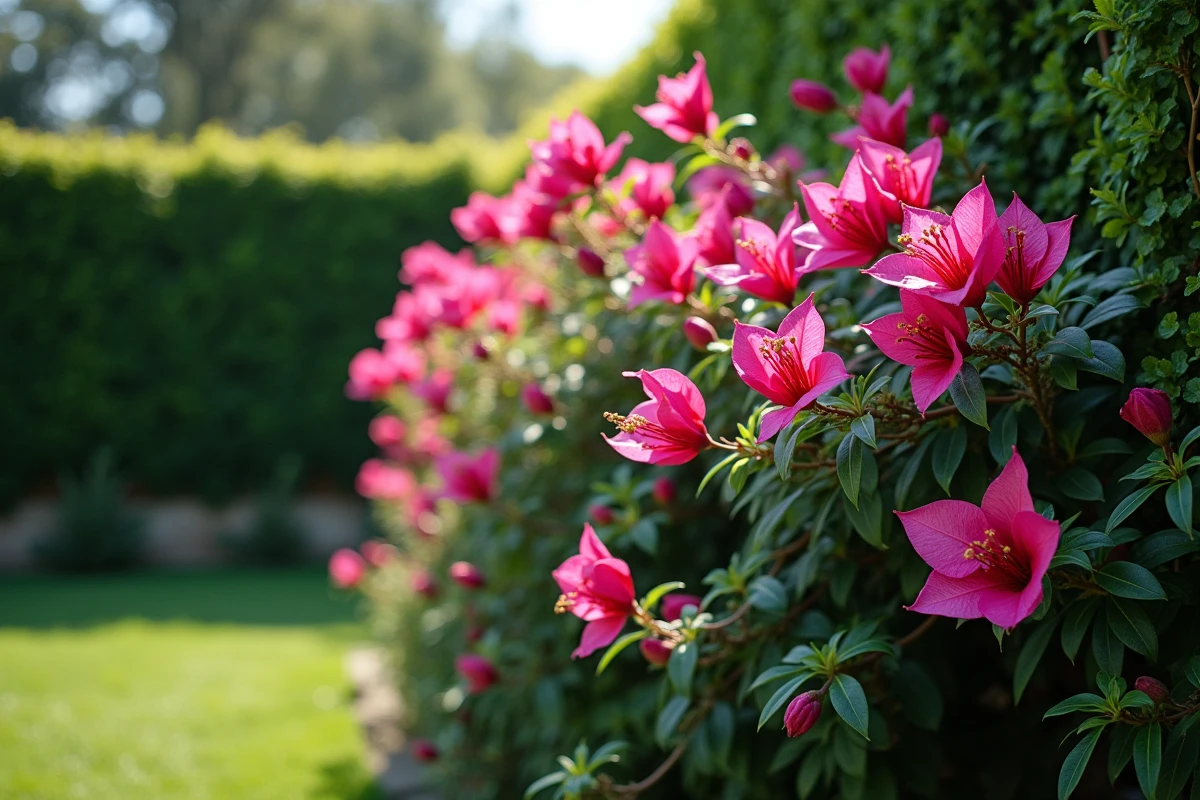Bougainvillier placé dans un coin abrité du vent par une haie dense et un mur en pierre dans un jardin