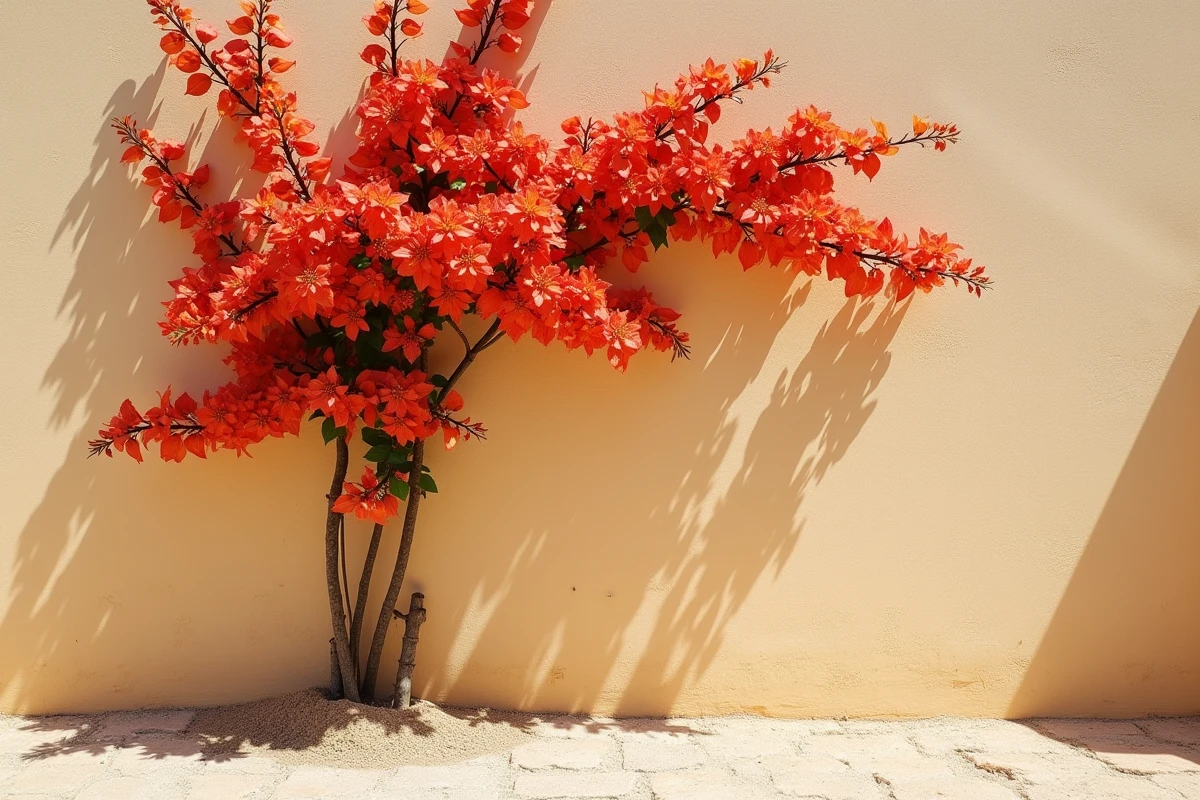 Bougainvillier palissé contre un mur exposé au sud avec des bractées rouge-orangé sur une surface ensoleillée