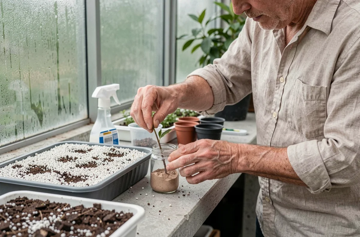 Homme trempant une bouture de photinia dans de l'hormone de bouturage sur un banc de serre avec du matériel simple de pépinière