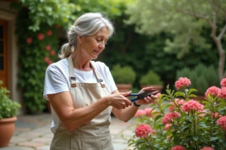 Femme effectuant une bouture de laurier rose dans un jardin méditerranéen en été