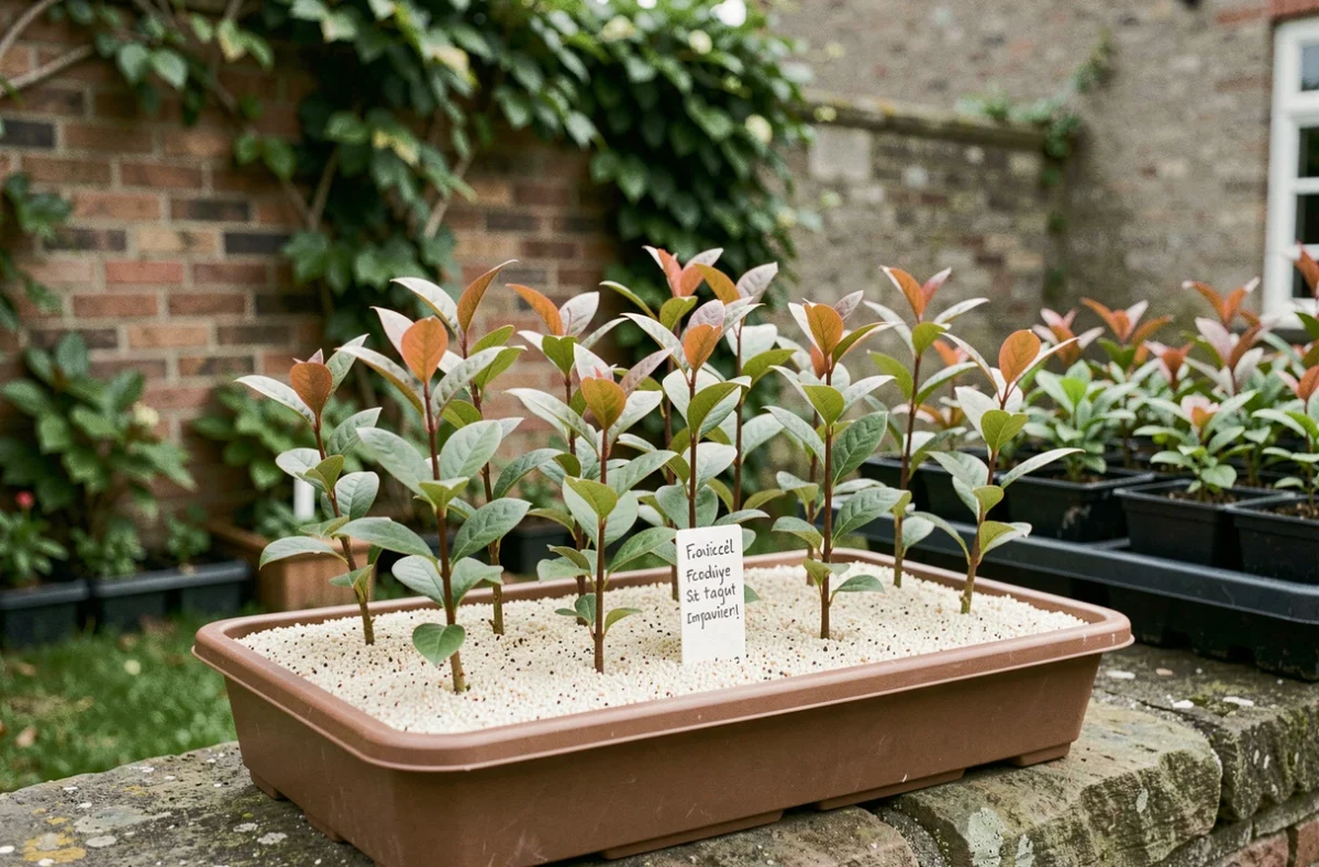 Boutures de photinia plantées dans un bac de multiplication avec substrat perlite sur un muret en pierre dans un jardin