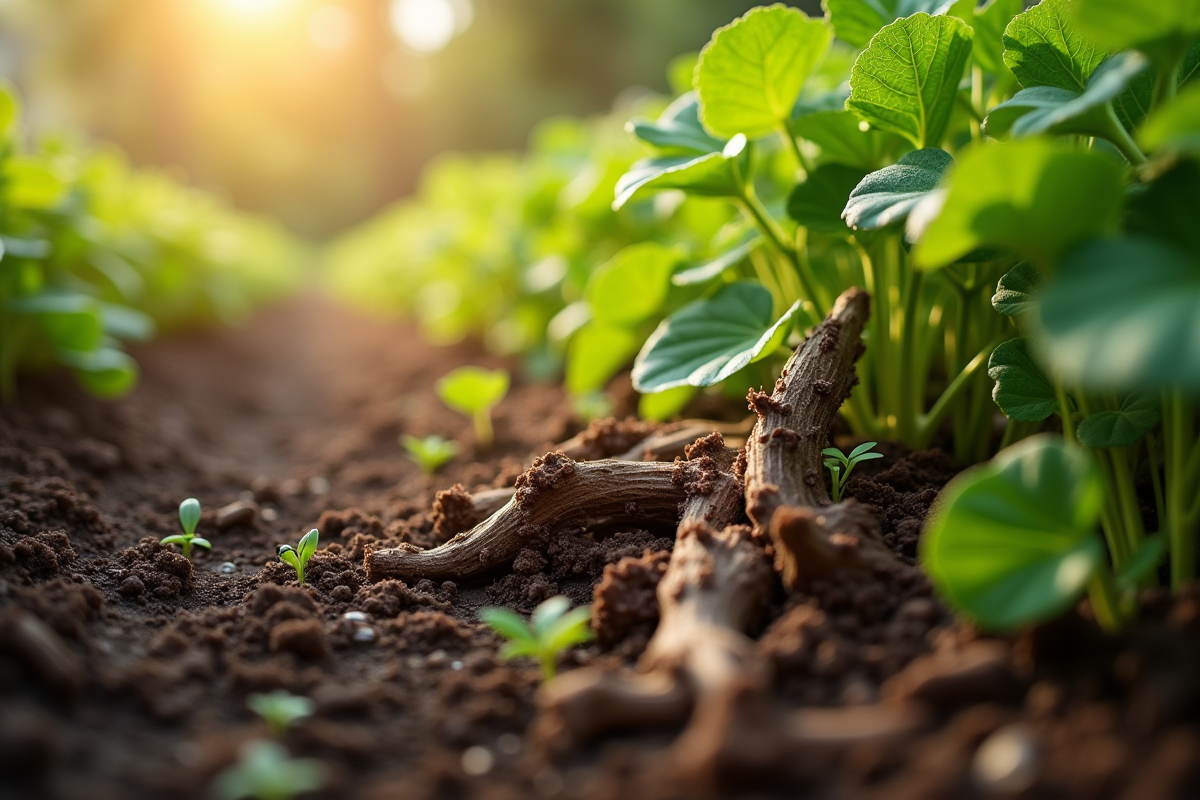 Gros plan de branches broyées sur sol fertile avec légumes verts