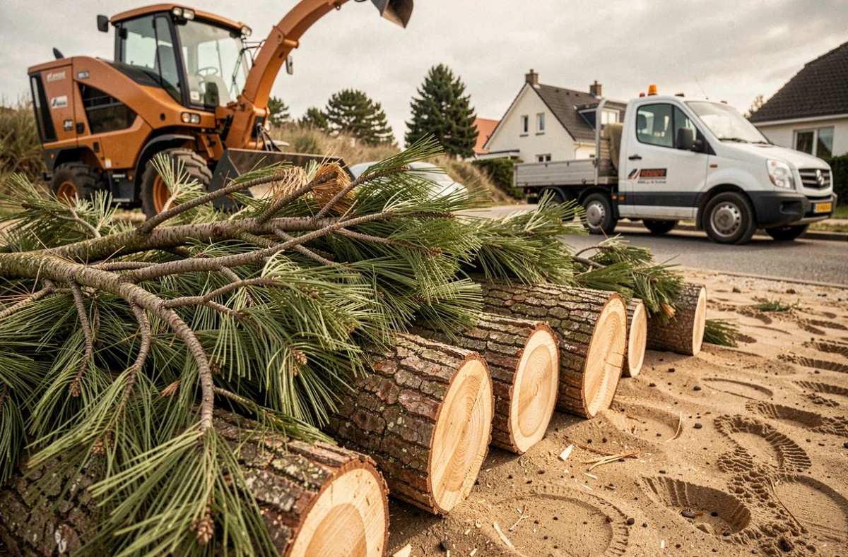 Branches de pins élaguées empilées au sol avec un broyeur de végétaux professionnel dans une rue de Sanguinet