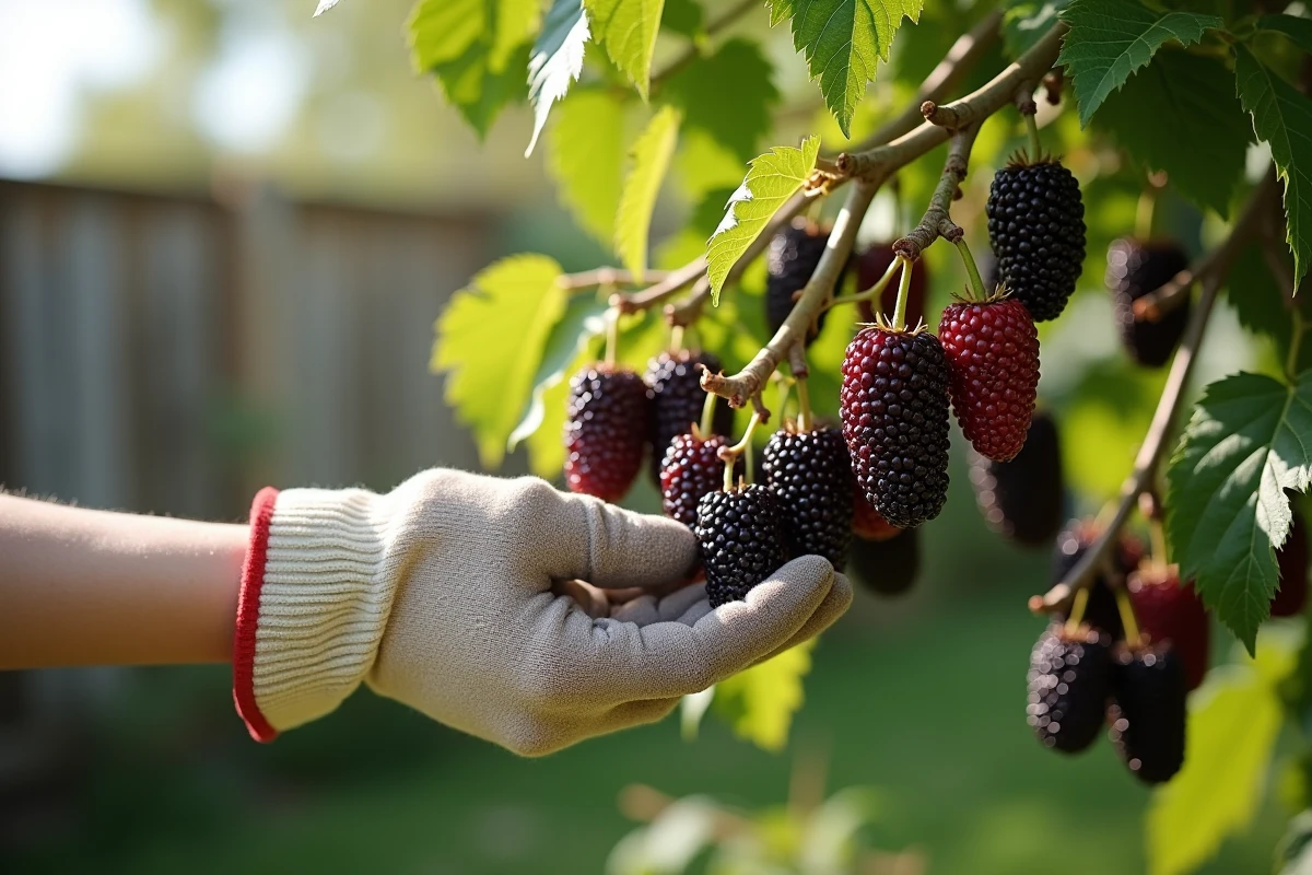 Gros plan sur une branche de mûrier avec des fruits mûrs