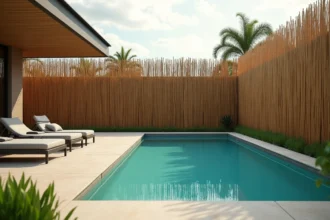 Brise vue en bambou naturel installé en bordure de piscine moderne avec carrelage en travertin et transats minimalistes