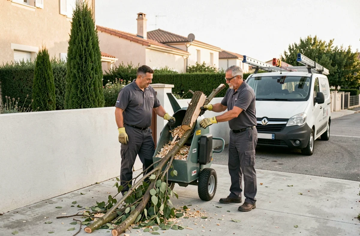 Deux paysagistes professionnels utilisant un broyeur de branches après un chantier d'élagage dans un quartier résidentiel d'Aix-en-Provence