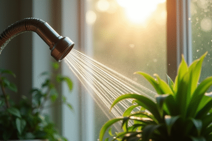 Brumisation de plantes vertes près d'une fenêtre ensoleillée