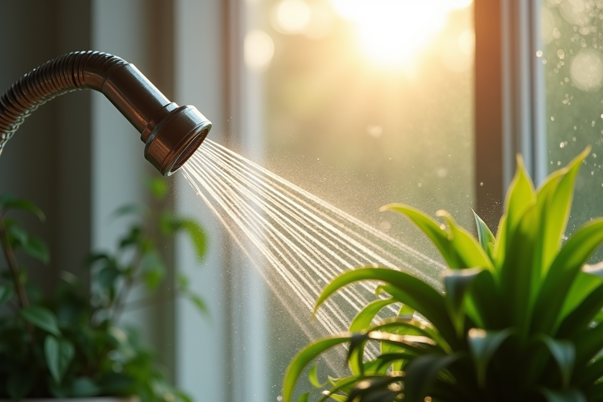 Brumisation de plantes vertes près d'une fenêtre ensoleillée