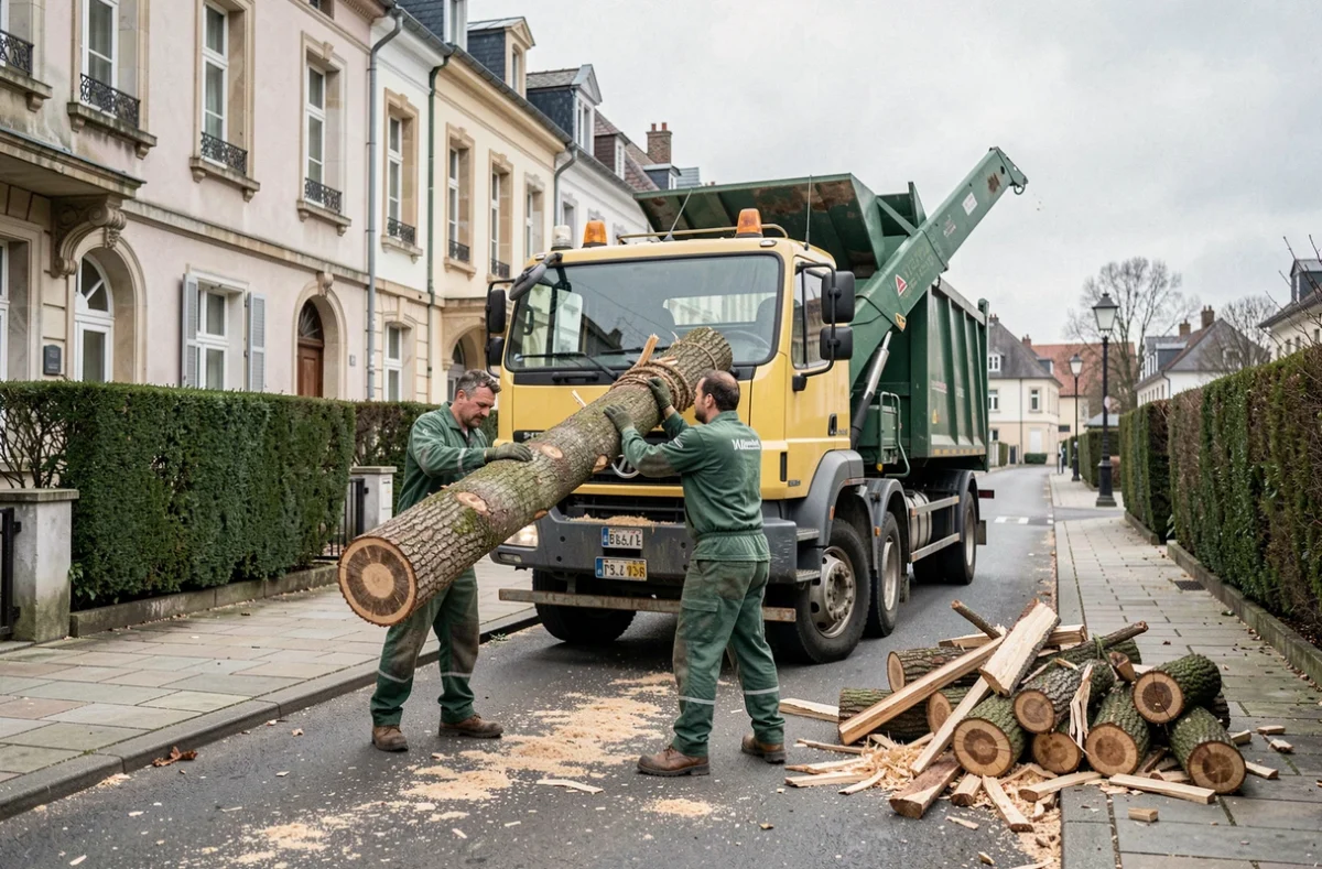 Deux bûcherons chargeant des troncs d'arbres coupés sur un camion broyeur dans une rue résidentielle de Metz