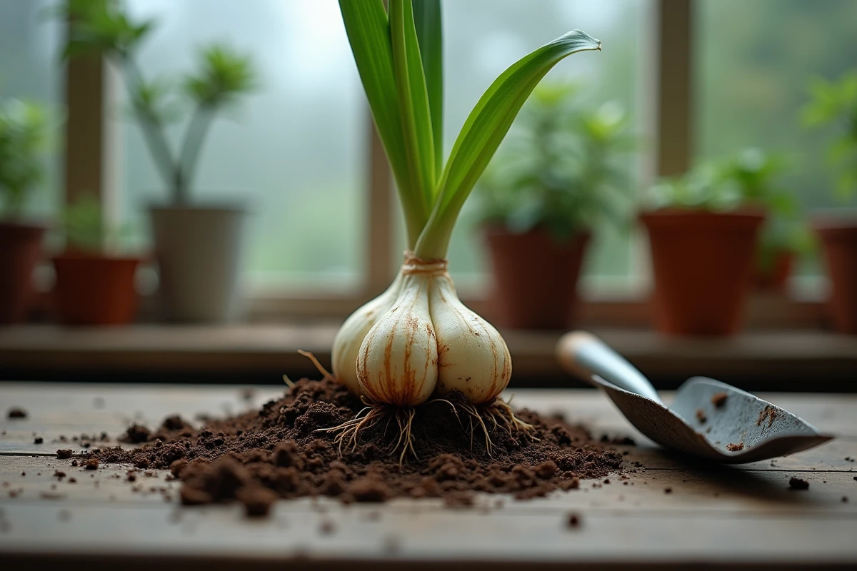 Bulbe de lys oriental sorti de son pot montrant des racines chétives et un bulbe rapetissé, expliquant pourquoi le lys ne refleurit pas