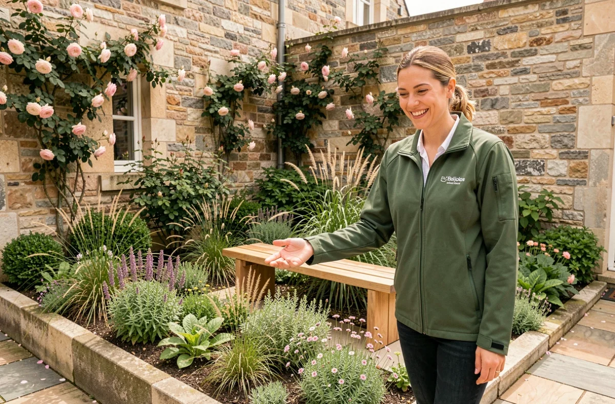 Professionnelle de Bulle de Vert présentant un aménagement de jardin fleuri dans une cour en pierre du Beaujolais
