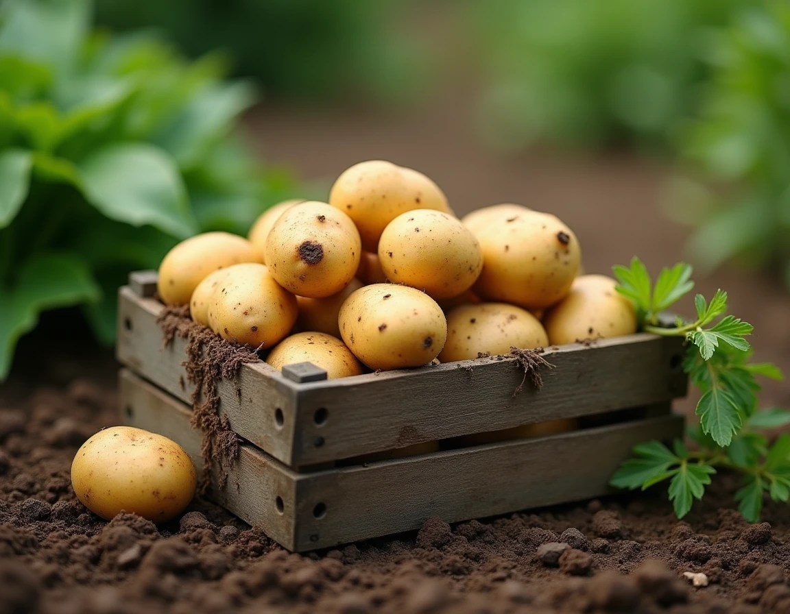 Caisse en bois remplie de pommes de terre fraîchement récoltées posée sur le sol d'un potager