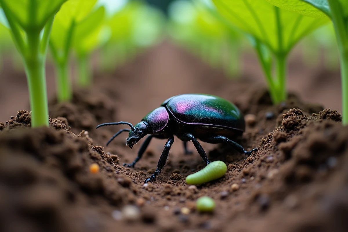 Carabe violet prédateur naturel se déplaçant dans la terre du potager près d'une petite chenille verte